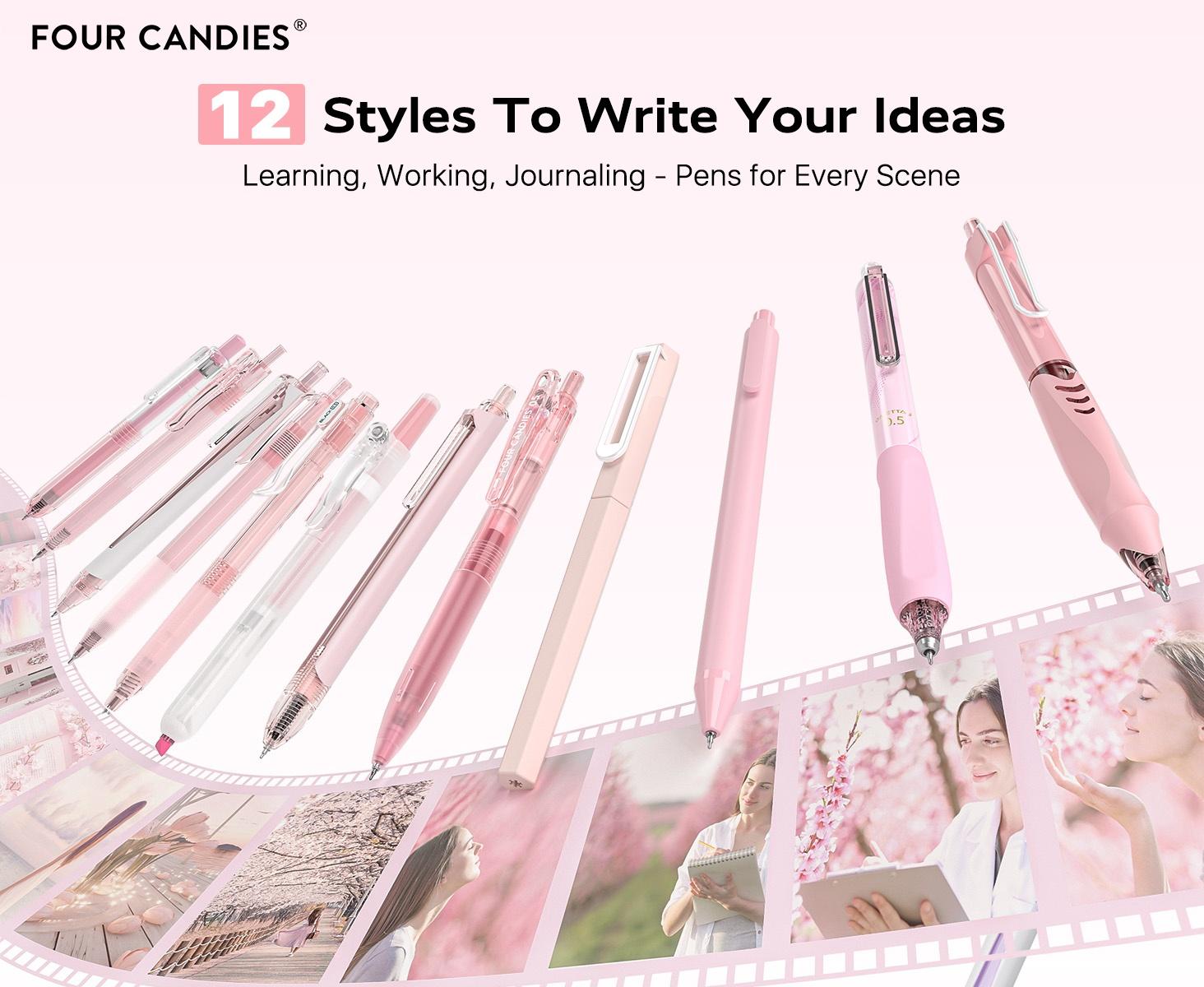 Four Candies 12PCS Pastel Gel Ink Pen Set with Case,【Buy 2 Get 1】 Retractable 0.5mm Fine Point 11PCS Black Ink Pens with 1PCS Highlighter,Aesthetic Pens for School Student Note Taking,Writing,Office Stationery&Supplies,HolidayHaul Quick Drying magical pen