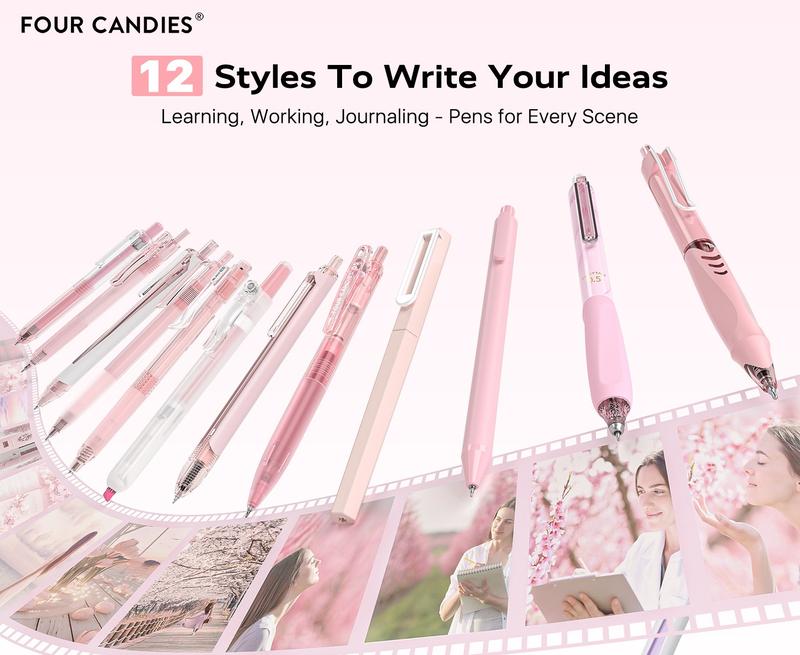 Four Candies 12PCS Pastel Gel Ink Pen Set with Case, Cute Retractable 0.5mm Fine Point 11PCS Black Ink Pens with 1PCS Highlighter, Aesthetic Pens for School, Student Note Taking, Writing, Office Stationery & Supplies, HolidayHaul