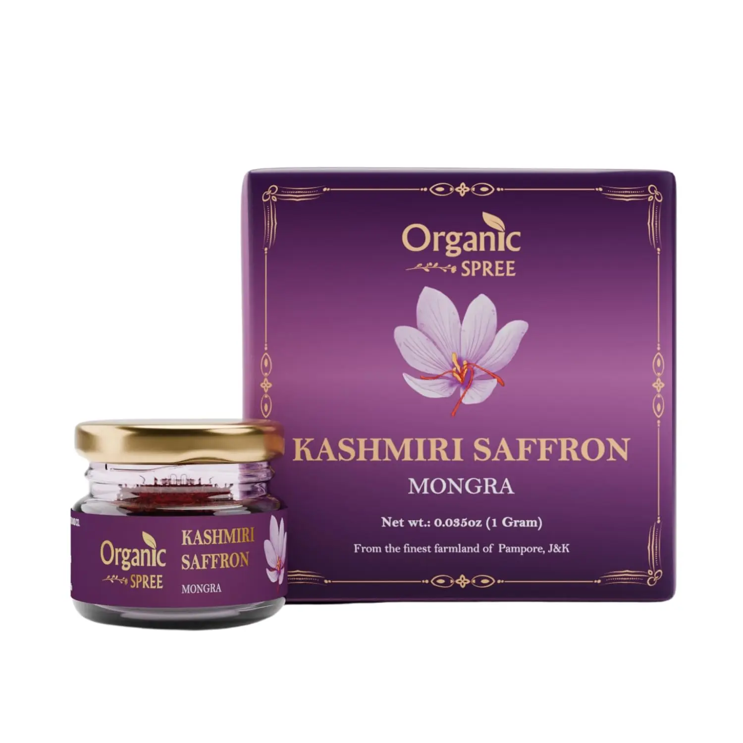 Organic Spree Kashmiri Saffron Threads – Pure Grade A+ Mongra Saffron | Premium Culinary & Wellness Spice | 1g (0.035oz) Jar