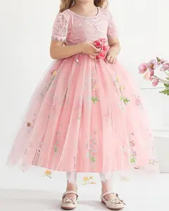 Flower Girl Lace Back V-Neck Dress Full-Length Floral Embroidered Toddler Tutu Tulle Dresses for Girls