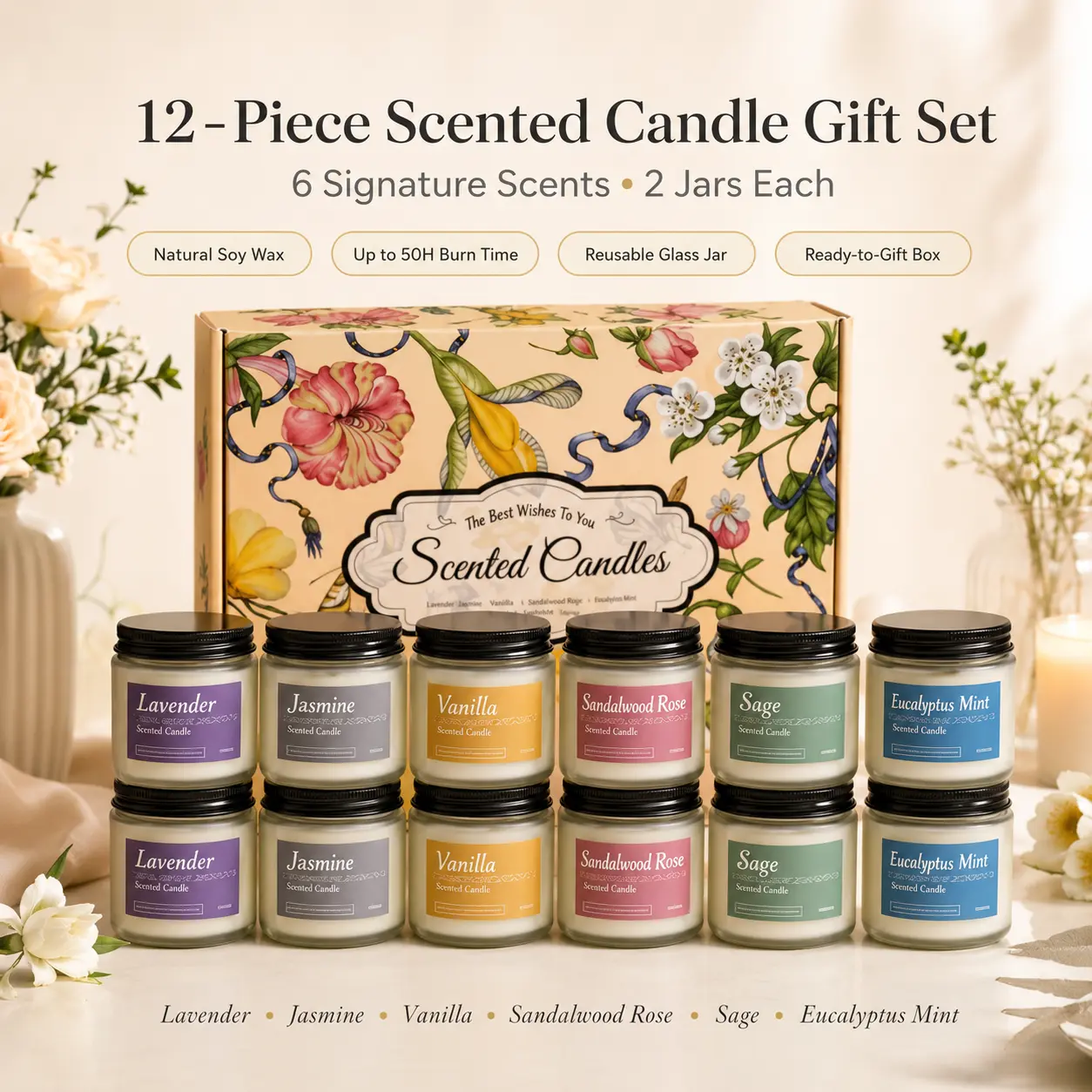12-Pack Scented Candles Gift Set - Eucalyptus & 5 Other Fragrances, Natural Wax, Indoor Safe, Low Smoke, Reusable Jar, Floral Print Gift Box for Women, Home Decor
