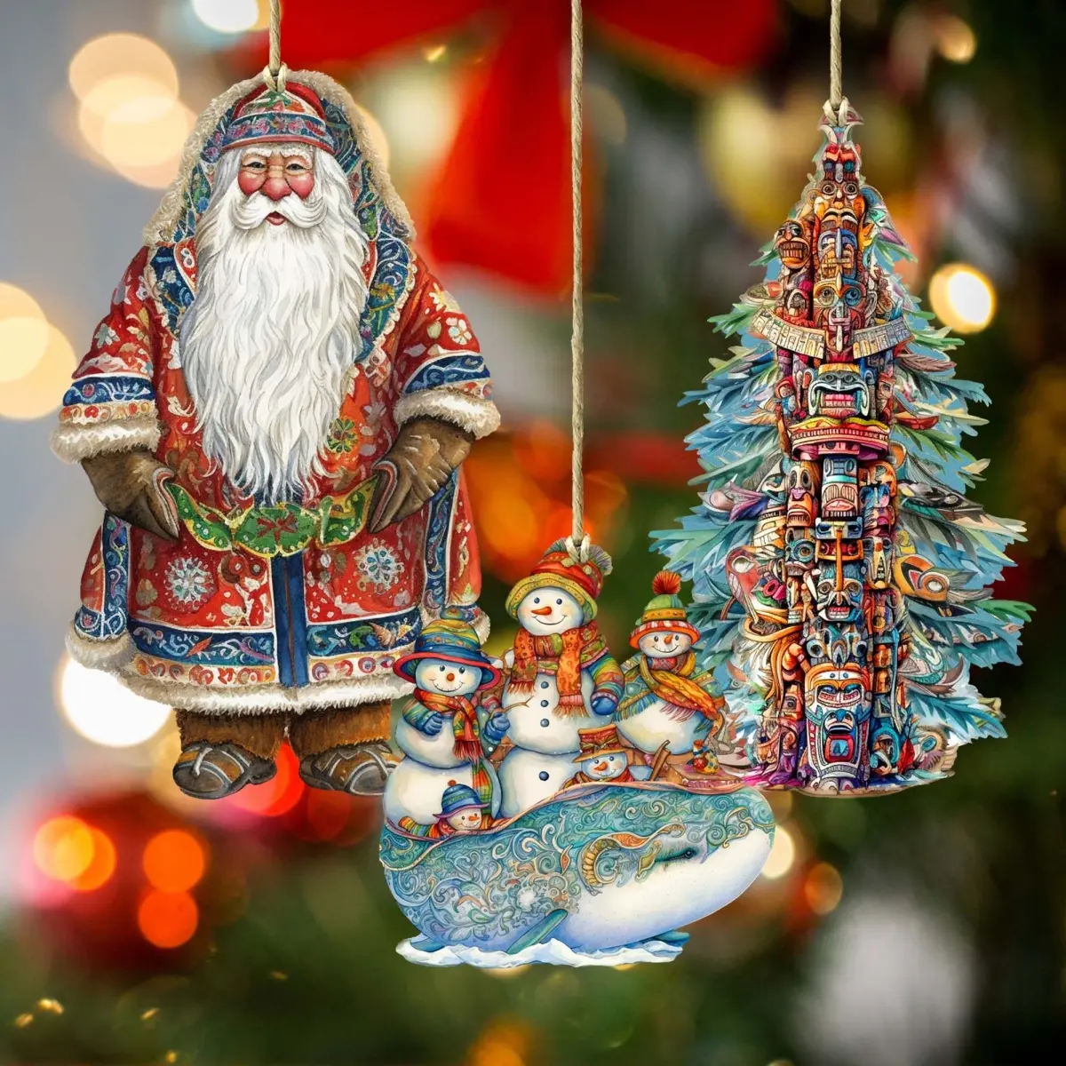 Designocracy 8091314S3 Handmade Craft Alaskan Inspired Santa Wooden Ornaments (Set of 3, 4.5x3 in.), UV Coated Decorative Holiday Tree Decoration, Cultural Icons Themed Home Decor, Festive Gift with Included Bag (G. Debrekht's Art)