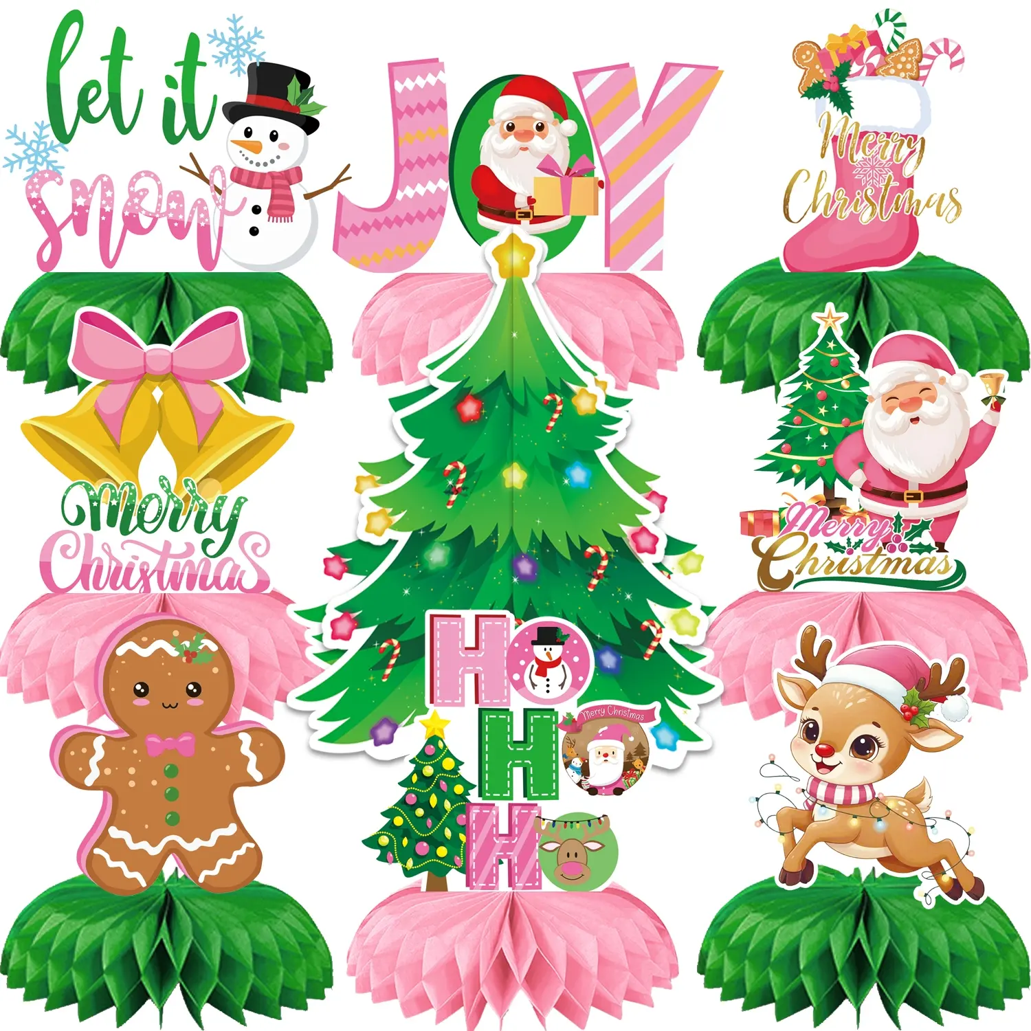 9 Piece Christmas Honeycomb Centerpiece Decorations, Large Christmas Tree, Santa Claus, Snowman, Holiday Party Supplies