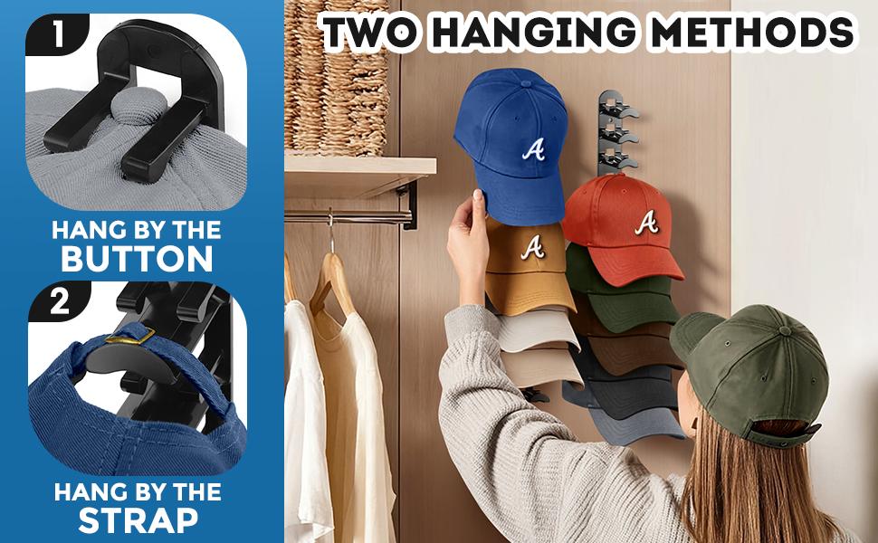 2 Pack Hat Organizer Wall Mounted Baseball Cap Hold up to 20 Hats Black or White Hat Rack for Wall with Strong Adhesive and Wall Drilled for Door Bedroom Closet Easy Access Display Hat Hanger Holder Multilayer Two Mounting Option Hat hook on wall