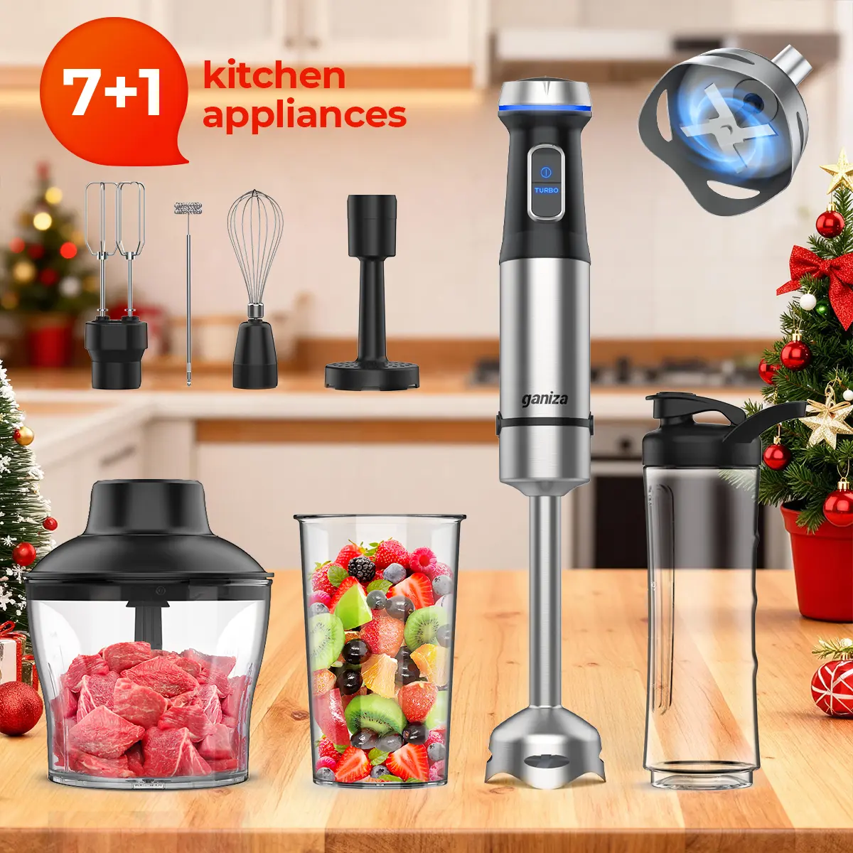 Ganiza Immersion Blender 15 Speed Kitchen Hand Mixer Stainless Steel Stick Head Whisk Milk Frother Masher Blending Cup Chopping Bowl Recipe Guide Kitchen Supplies Ideal Gift for Home Cooks Slow Cold Pressed Juicer Machine,home essentials