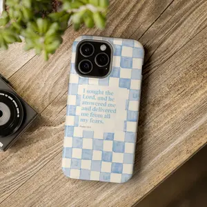 Christian Phone Case - Psalm 34:4 Scripture & Aesthetic Checkerboard for iPhone |   Cover for IPhone 17 16 15 14 13 12 11 X Plus/Air/Pro Max/Pro,Samsung S25,S24,S23,S22,Ultra Plus FE, Gift for her