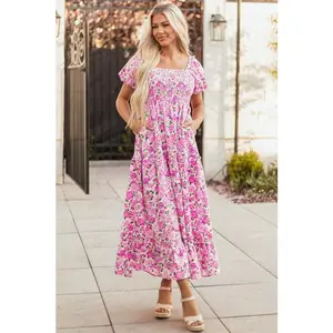 Dainty Floral Smocked Puff Sleeve Flowy Maxi Dress