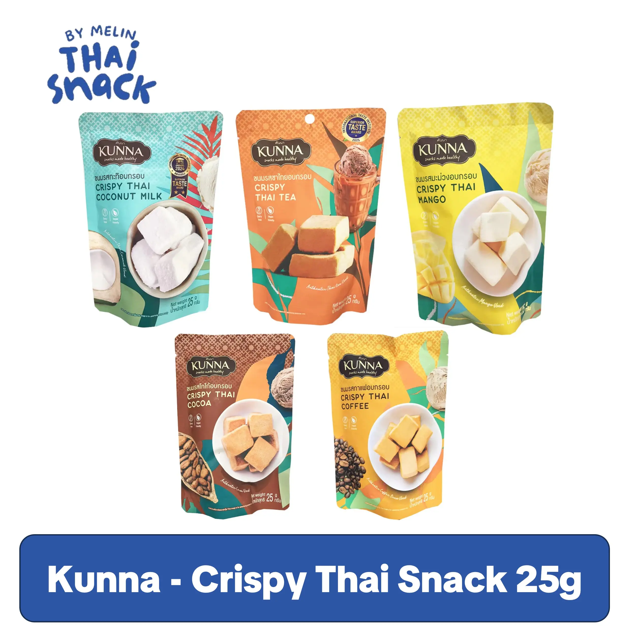 Kunna Crispy Thai Bites Snack - 25g Single Serve Dried Fruity Healthy Snack Ideas, Ready-to-Eat Crunchy Mango, Coconut, Thai Tea Flavored Treats, Snacks