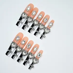 Gothic Black Nude Press on Nails Long Coffin - Handmade Acrylic Silver Cross & Heart Charms - Reusable Luxury Y2K 10Pcs easter summer