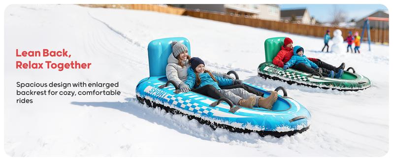QPAU Heavy-Duty 2-Person Inflatable Snow Sled with Premium Canvas Cover, Backrest, Reinforced Handles, Tow Strap & Locking Seal for Kids & Adults Family Fun 63.5" x 33.5" Supports 500 lbs Winter Inflatable Toys