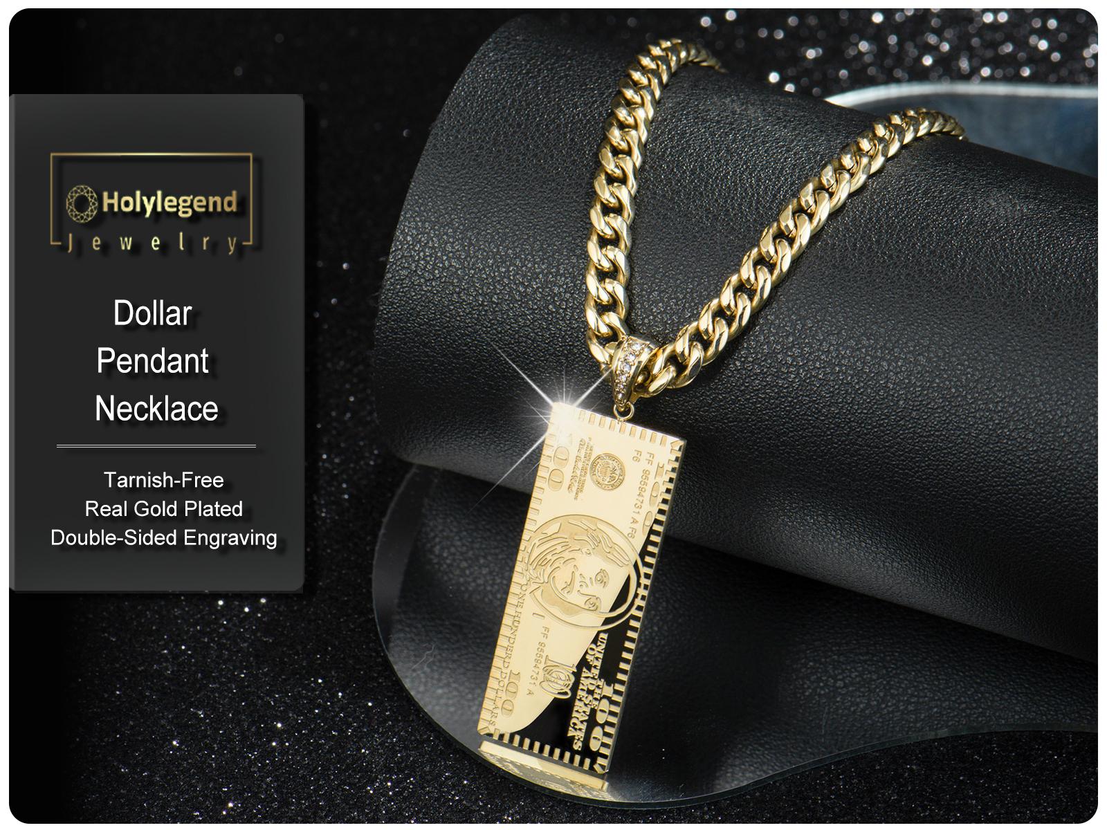 Holylegend 14K Real Gold-Plated Dollar Pendant Necklace, Double-Sided Mini Money Design with Iced Connector, 24" Cuban Chain, Hip Hop Jewelry Gift for Streetwear Lovers