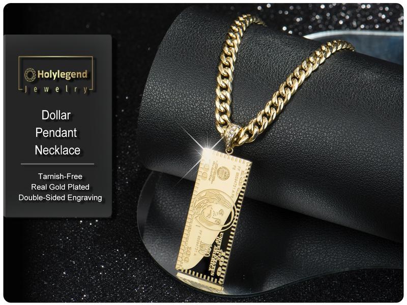 Holylegend 14K Real Gold-Plated Dollar Pendant Necklace, Double-Sided Mini Money Design with Iced Connector, 24" Cuban Chain, Hip Hop Jewelry Gift for Streetwear Lovers
