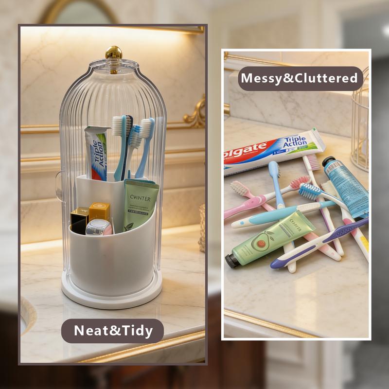 Dustproof Toothbrush Holders with Cover,Storage Bucket Organizers with Transparent Door Lid,360° Rotating Clearance Makeup Organizer for Vanity Bathroom Desktop Countertop Storage,Spinning Makeup Brush Holder Boxes,White&Grey,Multi-functional Storage