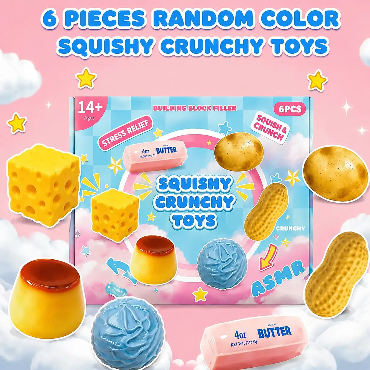 6‑Piece Squishy Crunchy Stress Relief Fidget Toys, ASMR Squeeze Sensory Decompression Toys, Relaxing Unique Stress Ball Party Gifts, Sensory Room Supplies, 6 Different Food‑Shaped Styles, Novelty Holiday Gifts