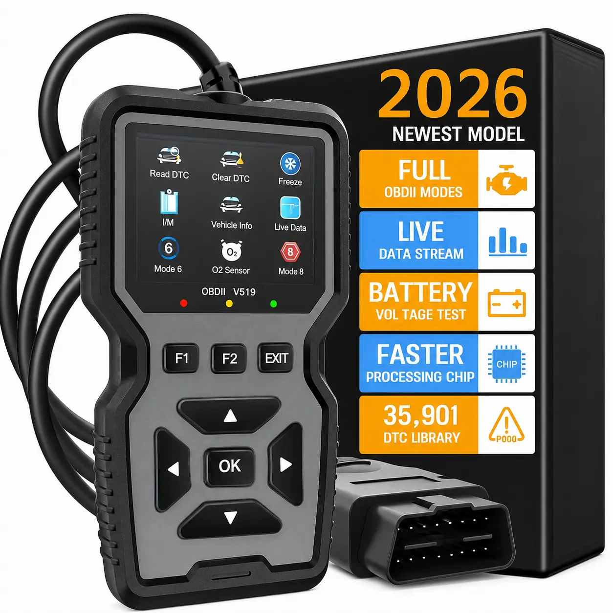 Handheld OBD2 Car Diagnostic Scanner, Engine Diag Fault Code Reader & Eraser, Mode 6/8 OBDII/EOBD Tool with Battery Tester & I/M Readiness for 12V OBD2 Protocol Vehicles, Car Accessories