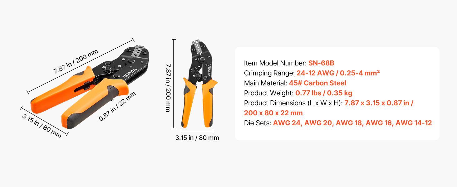 【Summerfinds】VEVOR Crimping Tool24-12 AWG Ratcheting Wire Crimper ToolLabor-Saving Electrical Terminal Crimp Pliers with Clear Metric & AWG MarkingsQuick ReleaseAdjustable Pressure for Multiple Terminals 【Summerfinds】VEVOR Crimping Tool24-12 AWG Ratcheting Wire Crimper ToolLabor-Saving Electrical Terminal Crimp Pliers with Clear Metric & AWG MarkingsQuick ReleaseAdjustable Pressure for Multiple Terminals