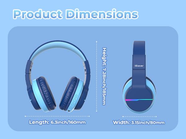 iClever Kids BTH12 Bluetooth Headphones with 4 Colorful LED Lights Modes Volume Limited 55H Playtime Built-in Mic for iPad Tablet Audio Headset
