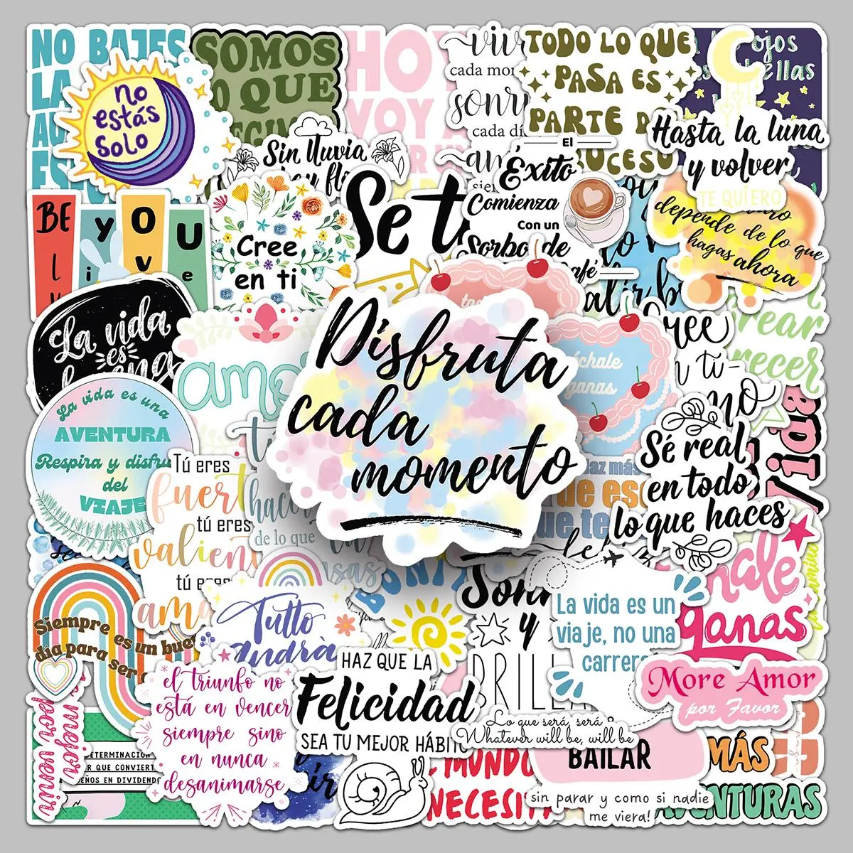 Motivational Spanish Phrase Sticker, 50pcs/set Sticker Packs Creative DIY Decorative Sticker, Decorative Sticker for Stationery & Water Bottle & Scrapbook & Scrapbooking