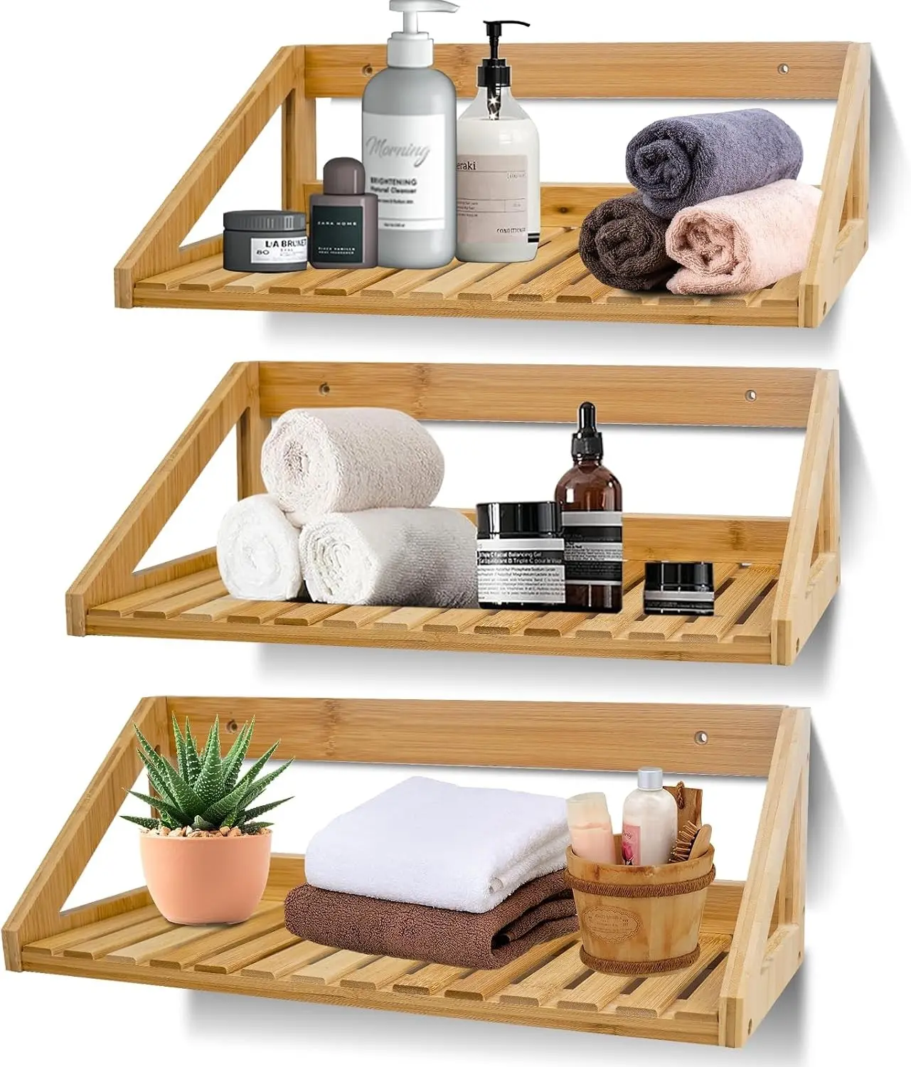 Floating Shelves Wall Mounted 3 Pcs Bamboo Wall Hanging Storage Shelves For Bedroom Living Room Bathroom Kitchen Office Decor
