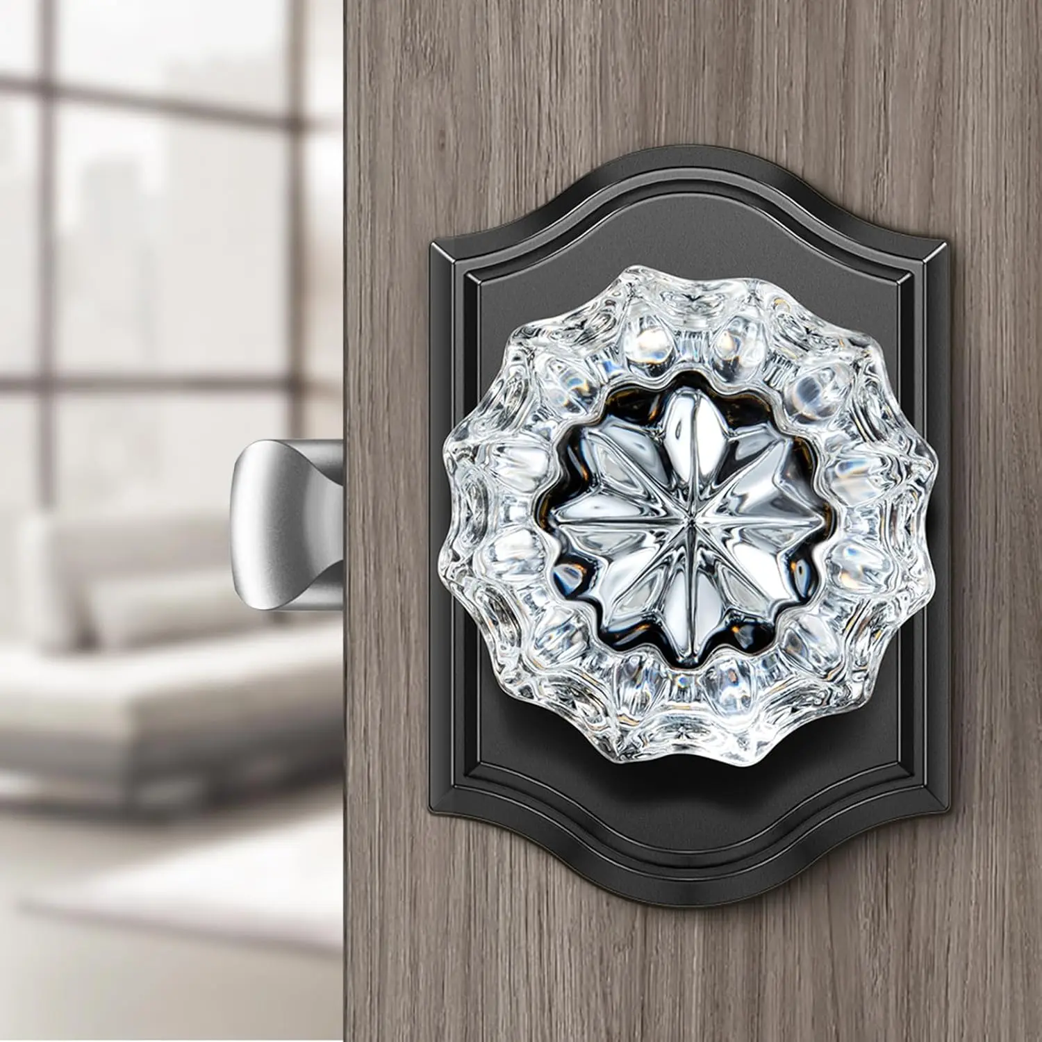 Crystal Door Knobs Interior, Black Glass Door Knobs with Lock for Privacy Use, Vintage Glass Crystal Doorknob for Interior Bedroom Bathroom Doors, Matte Black