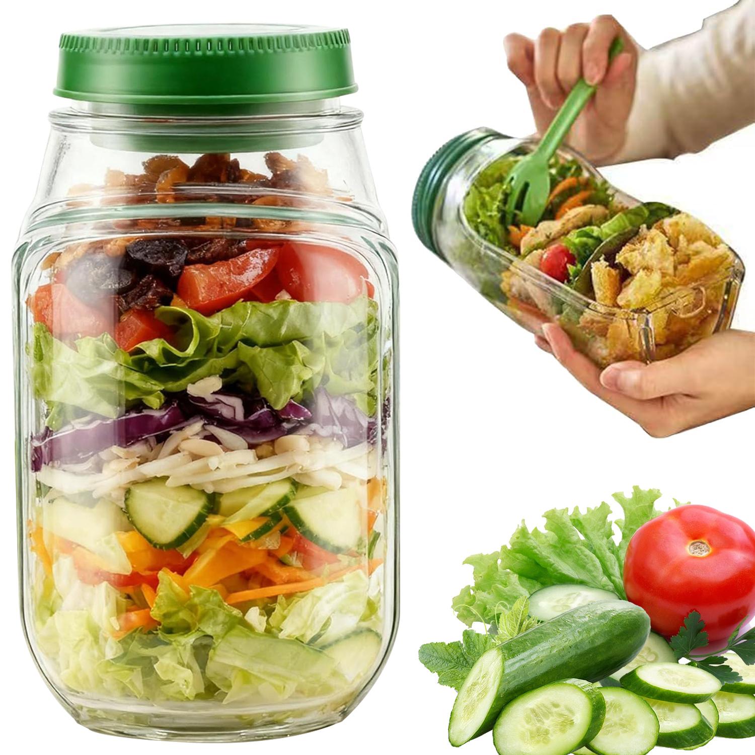 SALAD Jar - Salad Pod Mason Jar Side Open, Salad Jar with Side Opening for Lunch, Portable Salads Dressing Container with Lid for Travel Leakproof Dressing Compartment