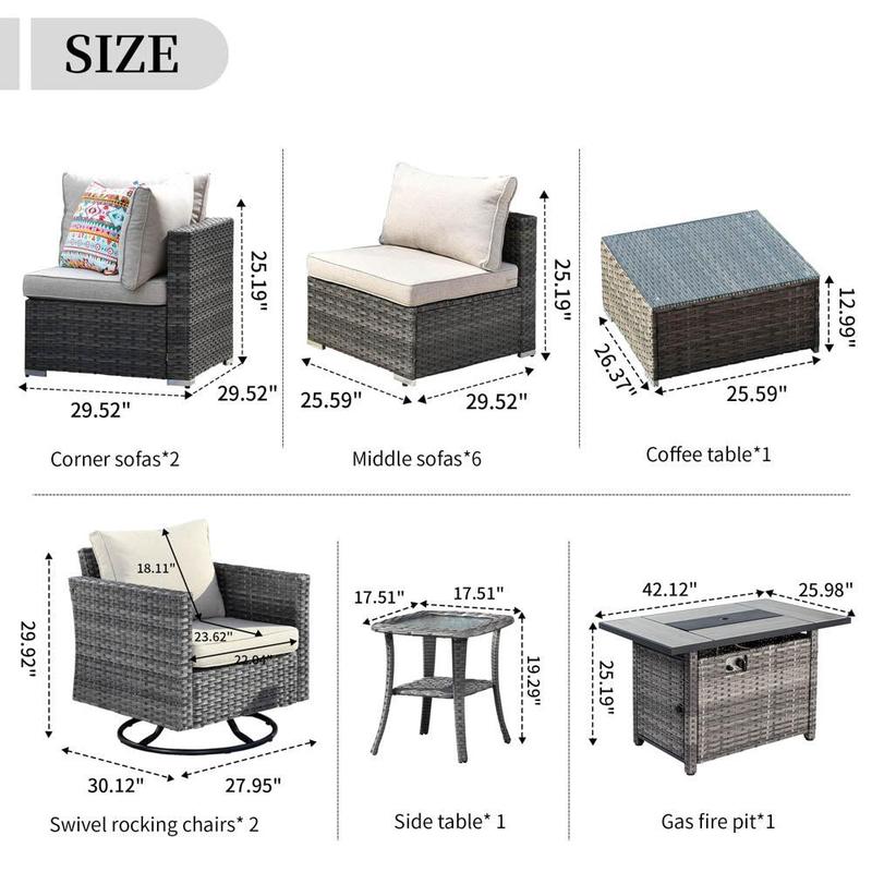 Ovios Patio Furniture 13-Piece Outdoor Sectional Sofa Set with Wicker Rocking Swivel Chairs and 42.12'' Fire Pit