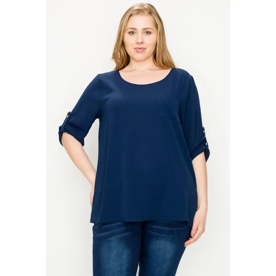 Plus Size Koshibo Blouse Top – Women's Roll-Tab Sleeves, Comfortable Everyday Wear