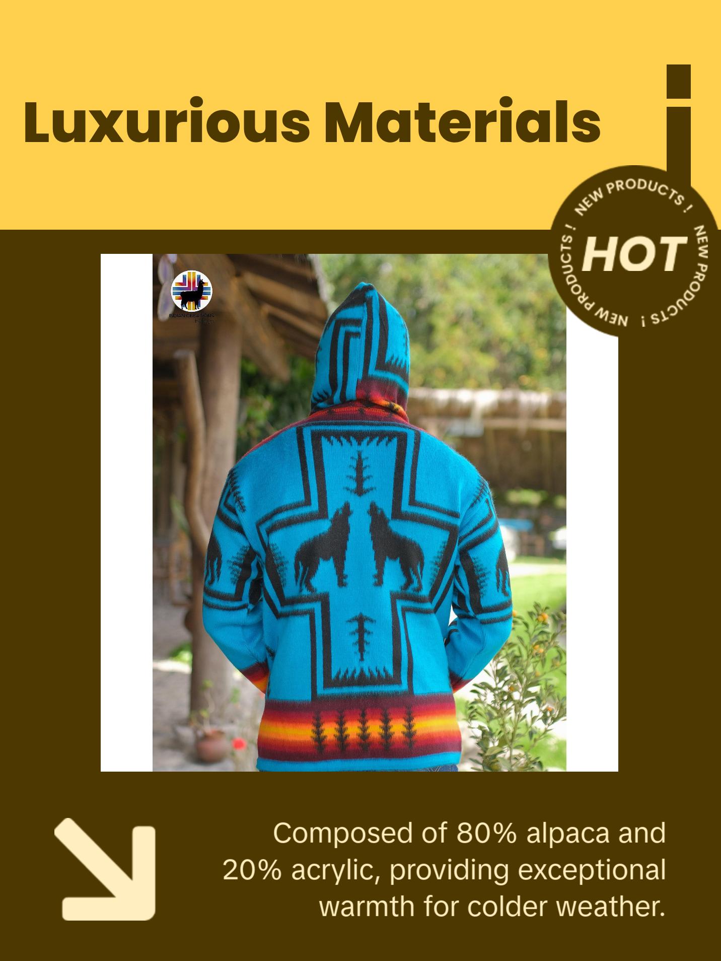 Blue Wolf Spirit Alpaca Wool Jacket. Handcrafted by Indigenous Hands. Super warm and soft. Machine Washable
