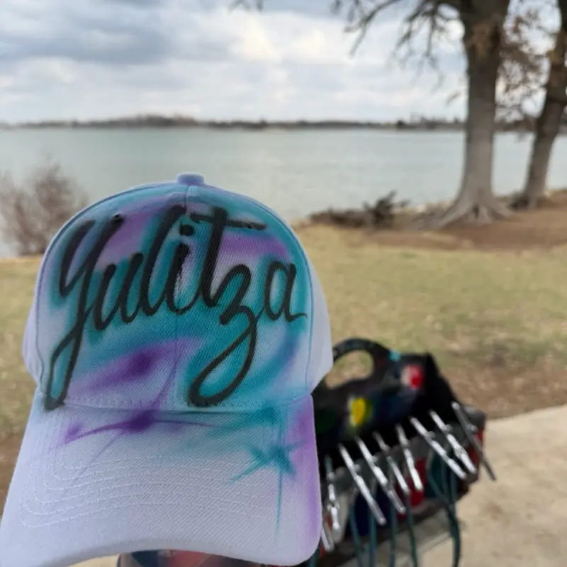 Airbrush Hat One Word - teal and purple Baseball Cap with Custom Name Design