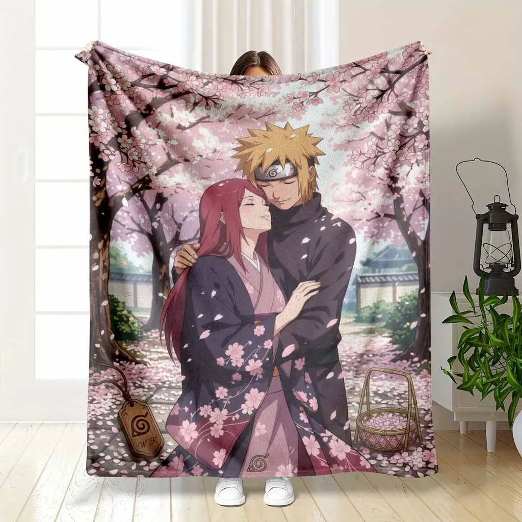 Naruto Minato and Kushina Flannel Throw Blanket, Romantic Anime Art Cherry Blossom Floral Print, Soft Warm Wrinkle-Resistant Lightweight, Ideal for Indoor Home/Couch Use, Naruto Graphic Blankets Gift Decor