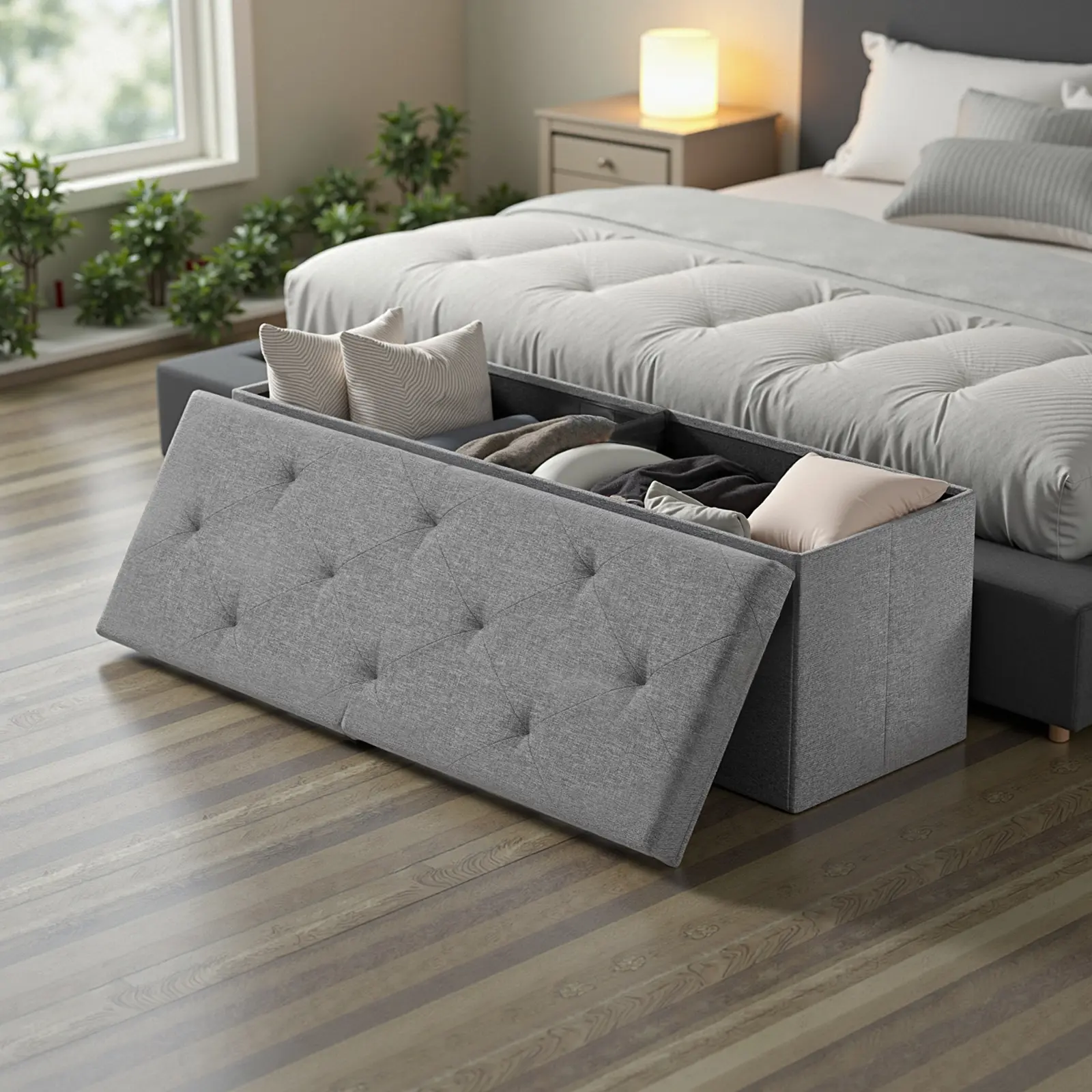Foldable Storage Ottoman Bench - Large Ottoman Chest for Bedroom, Sofa Footrest, Shoe Bench & Hidden Storage Chest in One,End of Bed - Padded Seat Foo