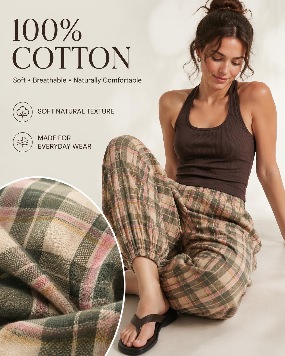 Tanming Women's Plaid Pull-On Balloon Pants, Cotton Twill Pants with Shirred Elastic Waist, Exaggerated Bubble Silhouette & Side Pockets Womenswear Bottom