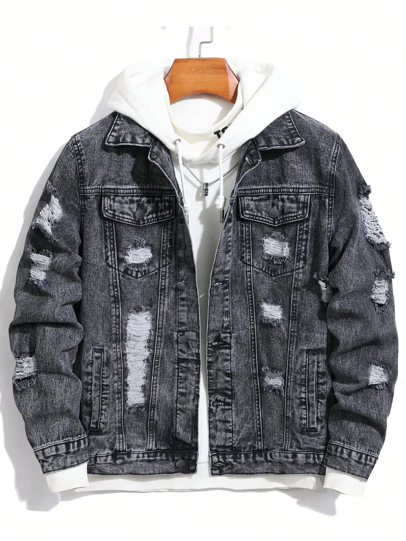 Trendy Distressed Ripped Plain Vintage Classic Denim Collared Long Sleeve Casual Fashionable Jacket Coats, Casual Loose Coat, Outerwear, Full of Street Style, Easily Create a Unique Look!(inner wear not included).