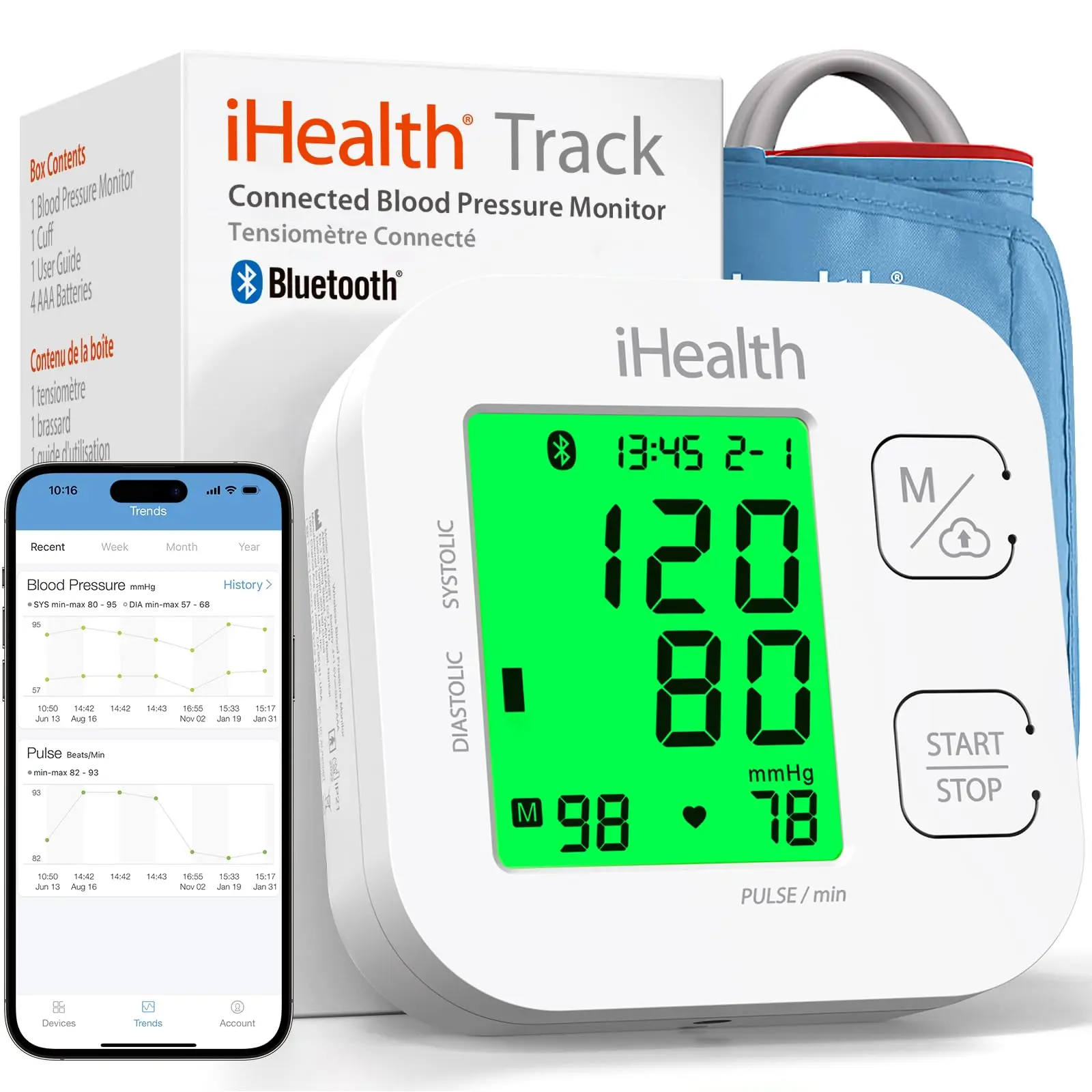 iHealth Track Smart Upper Arm Health Monitor - Blood Pressure Monitoring Device, HSA/FSA Eligible, Clinically Accurate, Coded Display, Easy Management, Wide-Range Cuff for Standard to Large Adult Arms, Bluetooth-Enabled for iOS & Android