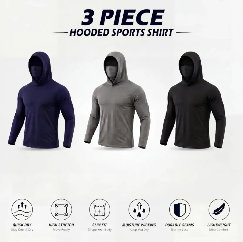 3 Pack Men UPF50+ Sun Protection Long Sleeve Hooded Shirts UV Block Quick Dry Compression Top With Face Mask For Fishing Construction Outdoor Work