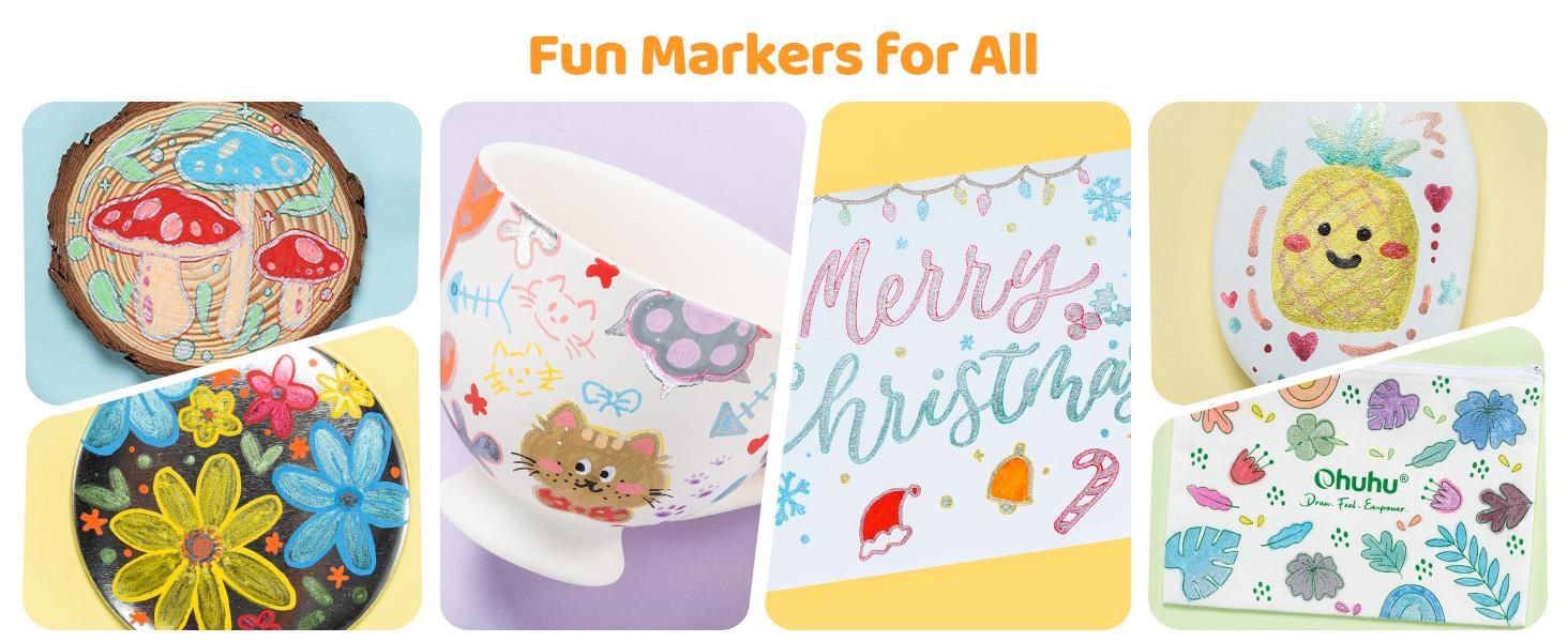 Ohuhu Glitter Markers: 18 Outline Markers - Shimmer Glitter Metallic Double Line Drawing Pens for Adults Beginners Fun Crafts Art Supplies Gifts for Greeting Cards Glass Rock Plastic - Ohuhu Stocking Stuffers for Teen Girl