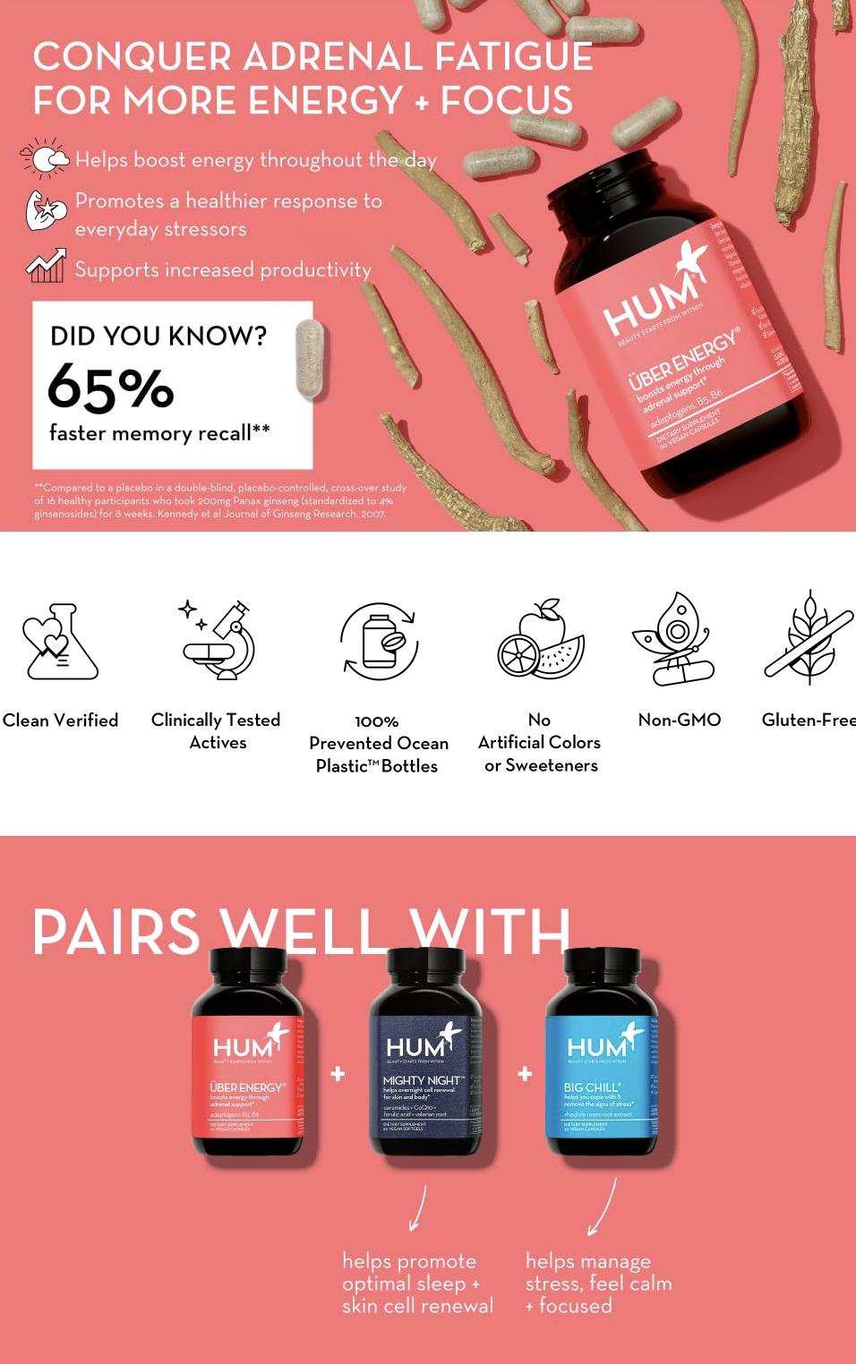 HUM Uber Energy - Adrenal Support and Energy Supplement with Ashwagandha Root and B Vitamins, Designed to Relieve Stress and Adrenal Fatigue (60 Count)