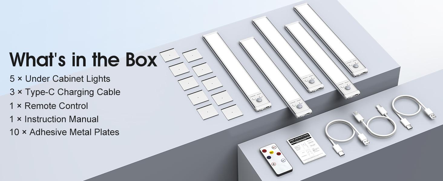 Under Cabinet Lights 5 Pack 52LED Motion Sensor Night Light Indoor 2000mAh USB Rechargeable Magnetic Dimmable Smart Lamp for Kitchen Stairs Wardrobe Lighting Height Adjustable