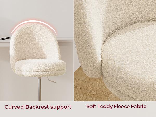 COMHOMA Teddy Velvet Office Chair with Wheels - Versatile Height Adjustment 17.7" to 23.6" - Ergonomic Design with Bow Lumbar Pillow - Compact Armless Vanity Chair for Desk & Bar Stools - Perfect Gift