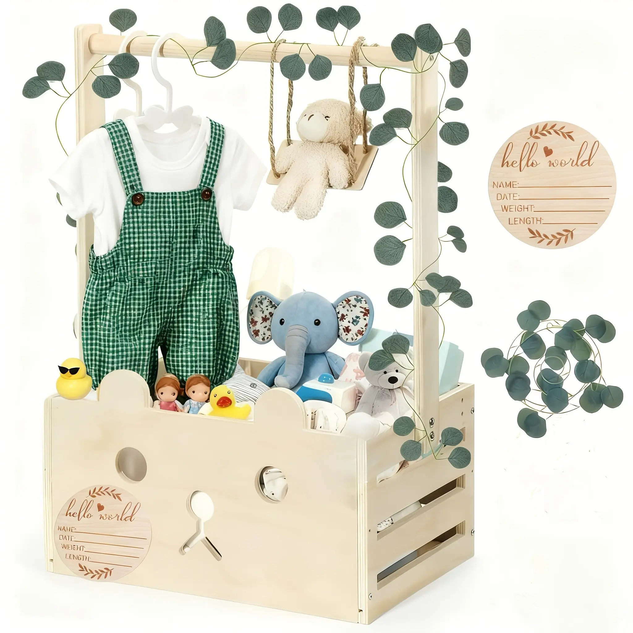 Wooden Baby Shower Bear Gift Baskets, Birthday Gift Baskets with Small Swing, Wooden Crate Closet Bear Cards for Baby Boys Girls New Parent Gifts, Newborn Gift, Gift Package, Suitable for Christmas Gifts, Fall Decorations for Home, Gift Box Design