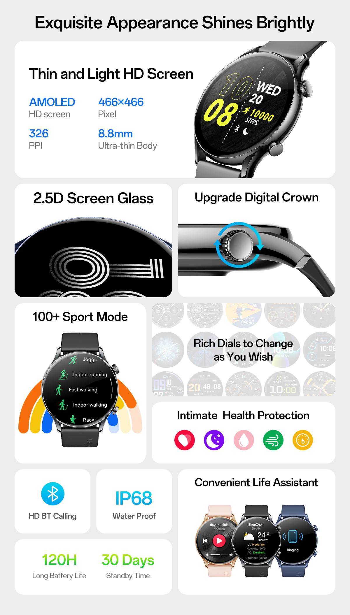 Aolon GTR3 Smartwatch — Stylish Spring Watch, 1.43" AMOLED HD display, AOD, heart rate monitoring, 110+ sports modes, waterproof, and up to 120-hour battery life. Compatible with iOS & Android, multiple colors, USB rechargeable, for Women & Men