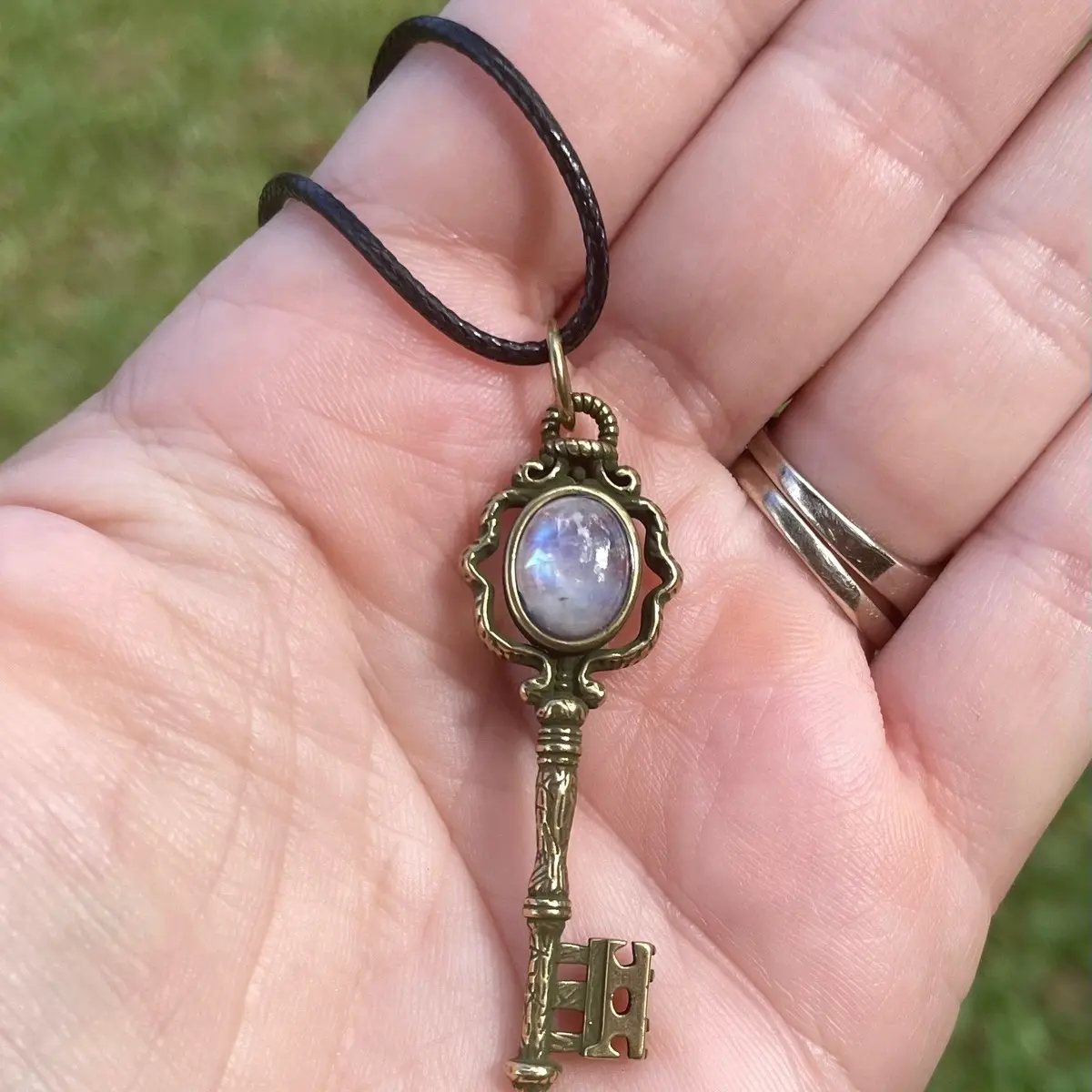 Virelyn B Alloy Key Charm Necklace, Moonstone Inlay Hecate Pendant with Adjustable Cord Chain, Cottagecore, Antique Look