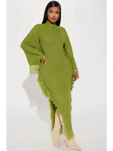 Venae Sweater Maxi Dress Chartreuse Mock Neck Long Sleeves Distressed Stretch 100% Acrylic Imported