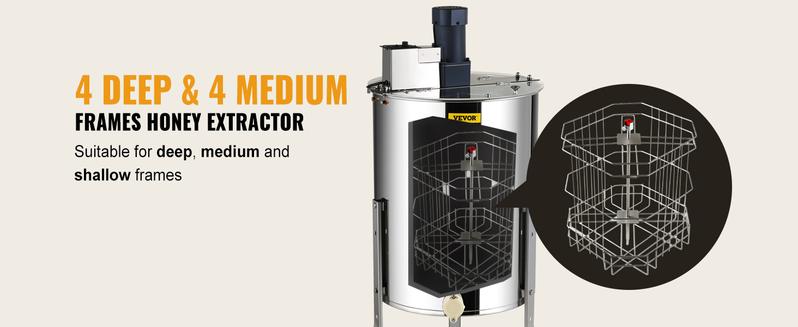 VEVOR Electric Honey Extractor, TikTokShopBlackFriday, 4/8 Frames Honey Spinner Extractor, Stainless Steel Beekeeping Extraction, Apiary Centrifuge Equipment with Height Adjustable Stand, Honeycomb Drum Spinner with Lid