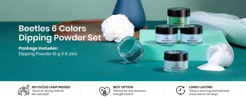 Beetles Dip Powder Nail Kit, 6 Winter Colors White Bule Green Natural Nail Dip Powder Kit Starter Set French Nail Art Manicure Salon No Need Nail Lamp Cured Glossy Lake DIY Gifts for Women