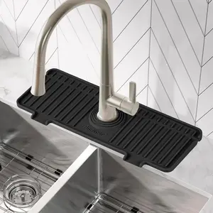 Kitchen Sink Splash Guard, 10° Large Slope & Adaptable Hole Faucet Mat for Kitchen Sink, Silicone Sink Organizer Sponge Holder for Kitchen, Bathroom, RV, Bar, 14.2” X 5.1”, Black Amerner