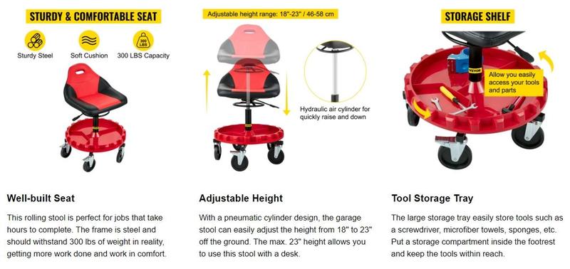 VEVOR Rolling Gear Seat, TikTokShopBlackFriday, 300LBS Capacity, 18"-23" Height Adjustable, Mobile Mechanic Garage Stool with Tool Tray and 5" Casters, Pneumatic Stool for Workshop, Garage, Auto Repair Shop