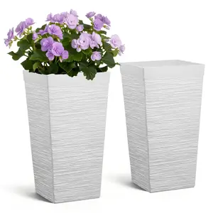 VEVOR Tall Planters Set of 2, 23 Inch Large Outdoor Taper Planters for Outdoor Indoor Plants, Front Porch Plastic Modern Flower Pots with Casters, Inner Pot & Drainage Holes for Patio, Garden, White