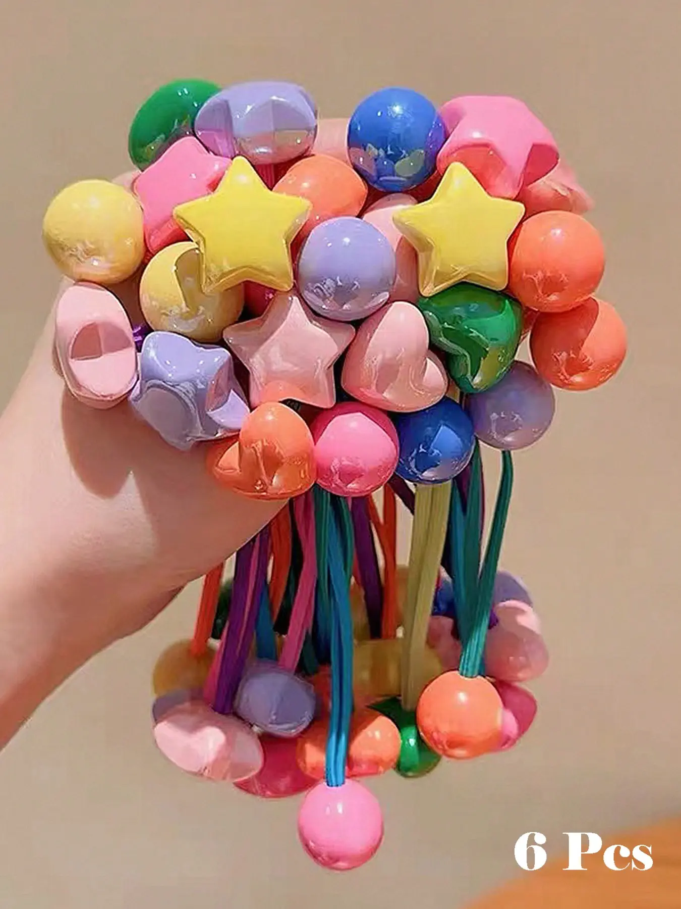6pcs Multicolor Cute Beaded Heart Flower Star Hair Ties Elastic Hair Accessory Double Strand Non-Damaging Hair Bands Ponytail Holders Sweet Daily Hair Accessories