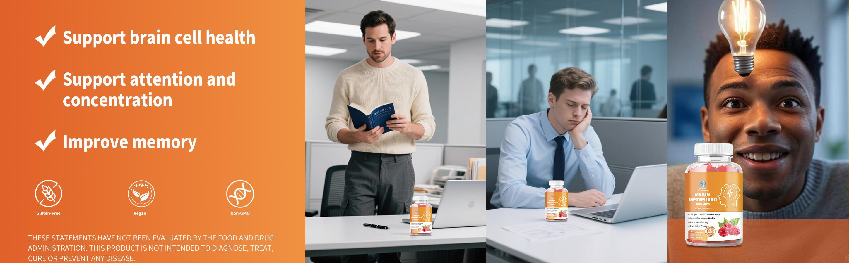 Brain Optimizer Gummies | Memory, Focus & Attention Support | Cognitive Health Supplement with Magnesium, Omega 3, Ashwagandha | 90 Count, Raspberry Flavor